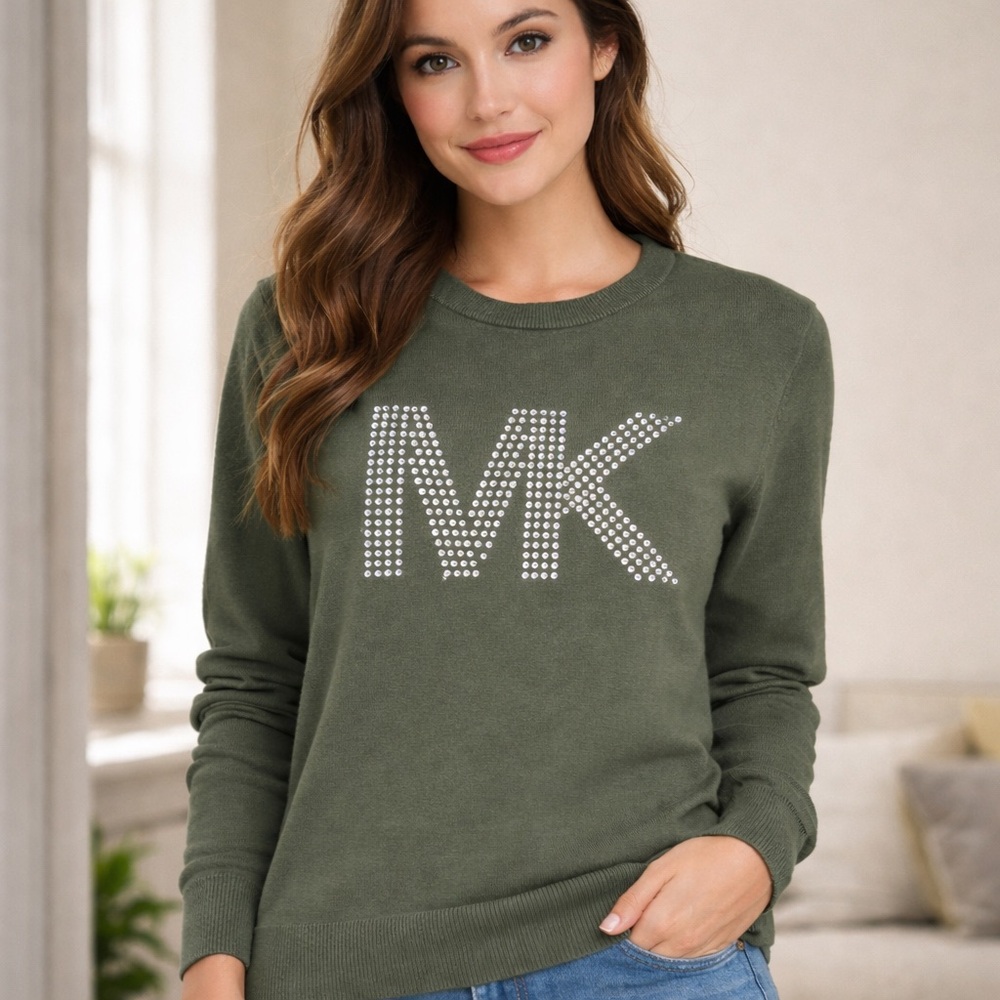 💚 Michael Kors Olive Rhinestone Logo Sweater – Size Medium – Like New